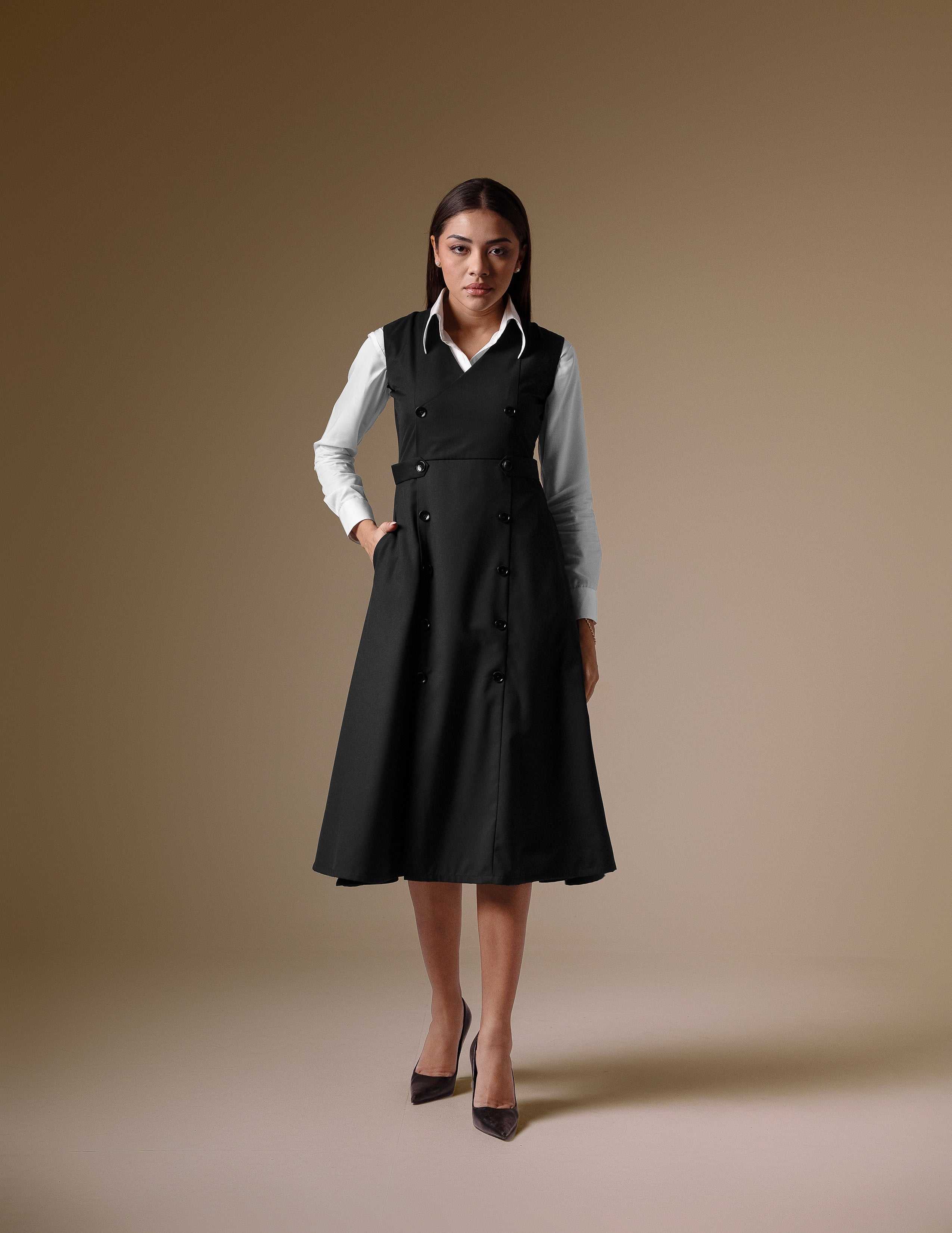 Black Double-Breasted Dress with White Classic Shirt