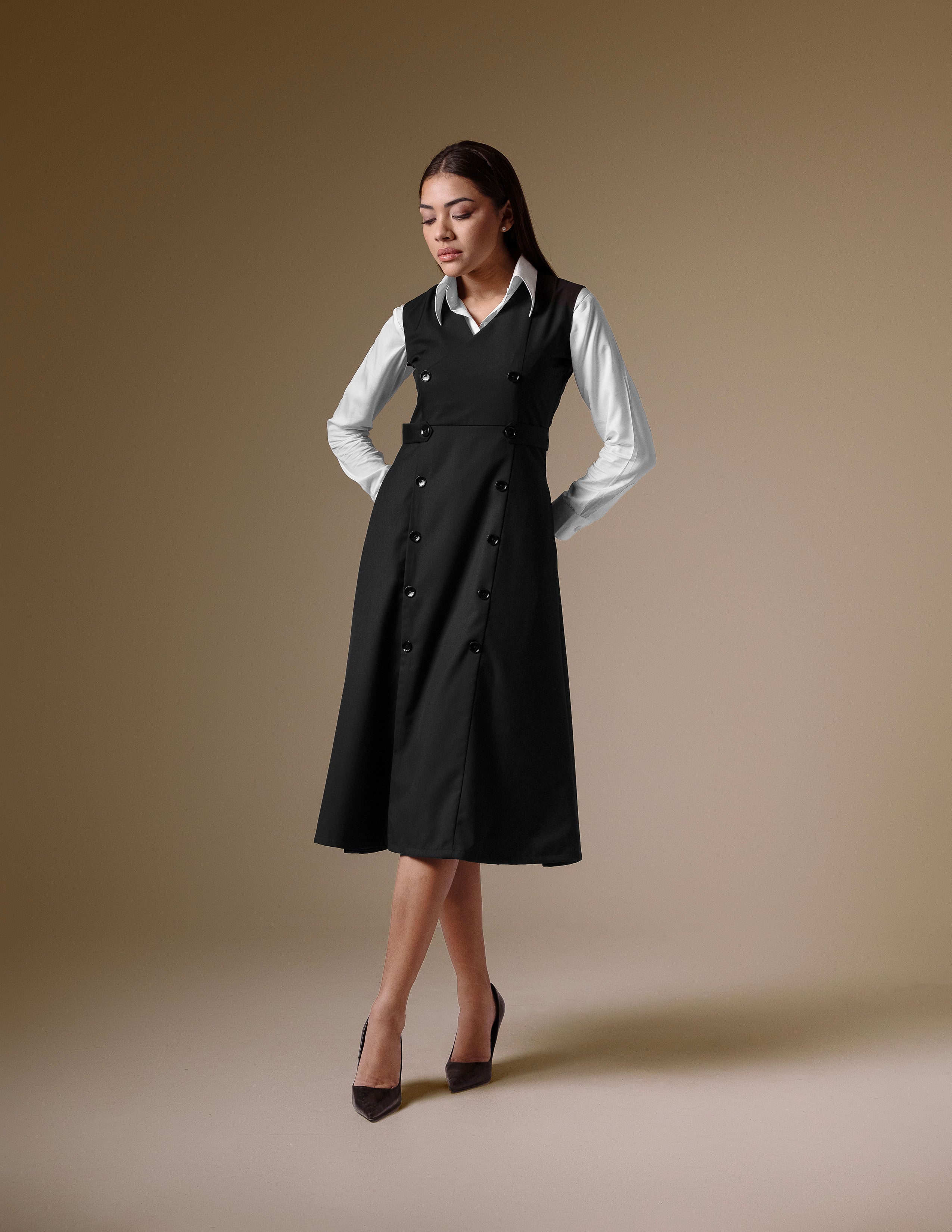 Black Double-Breasted Dress with White Classic Shirt
