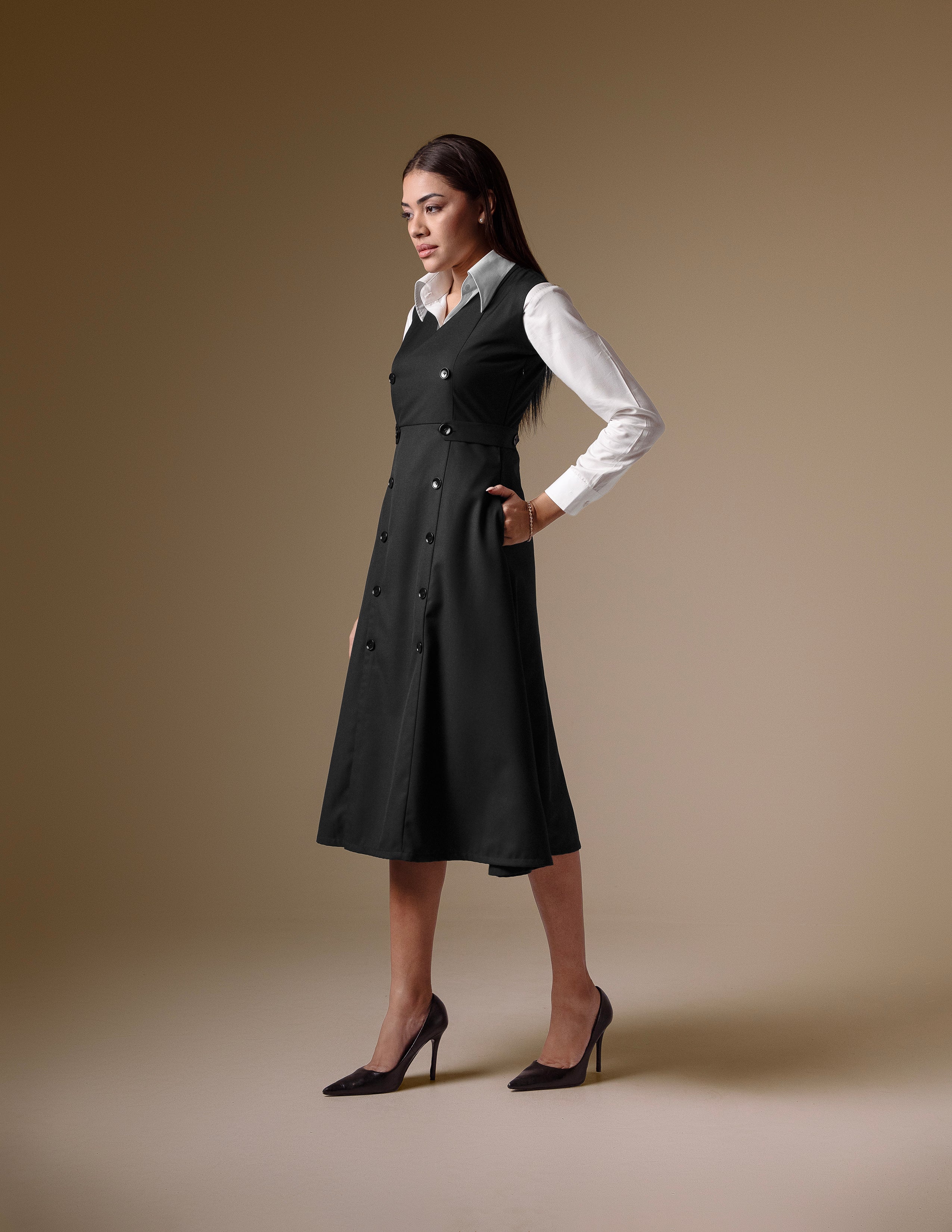 Black Double-Breasted Dress with White Classic Shirt