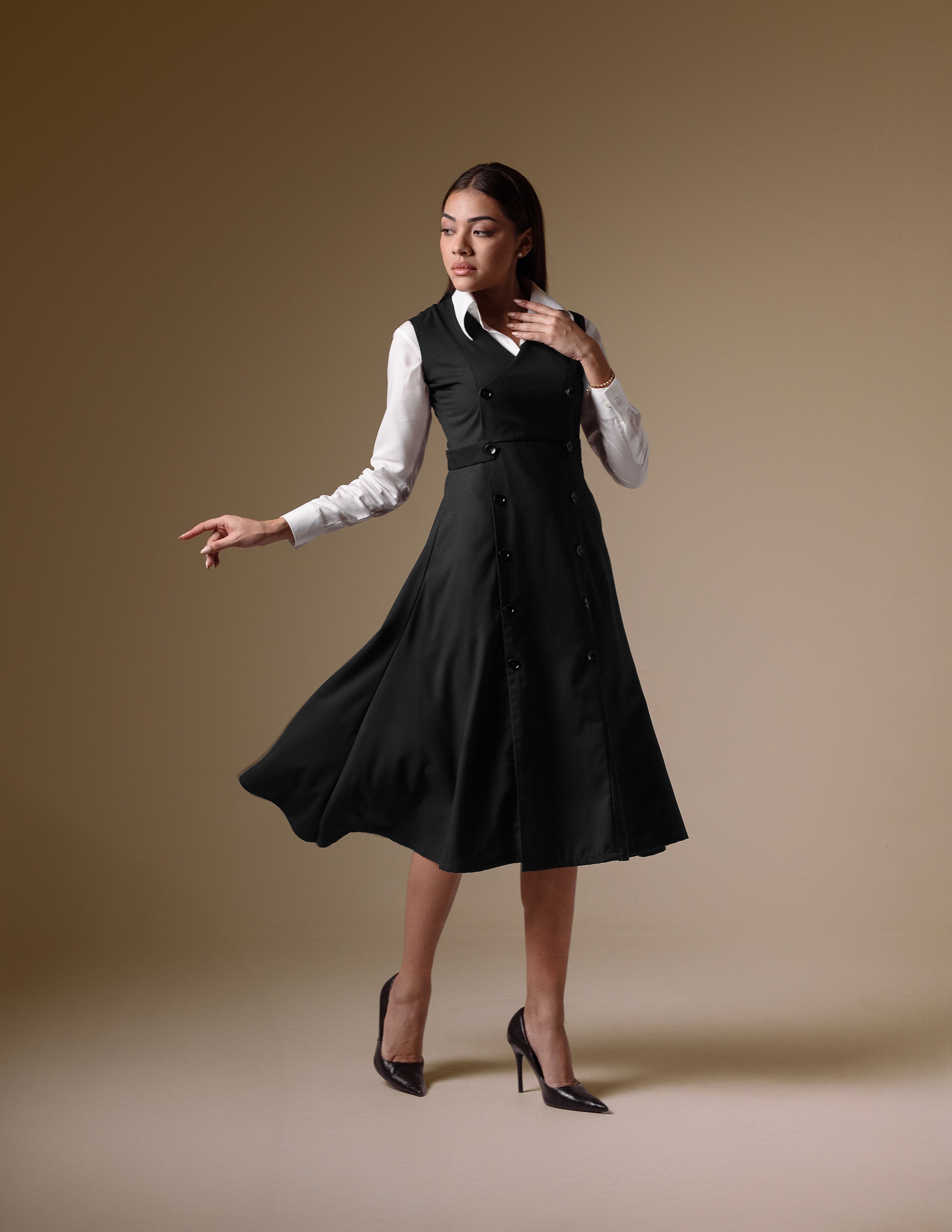 Black Double-Breasted Dress with White Classic Shirt
