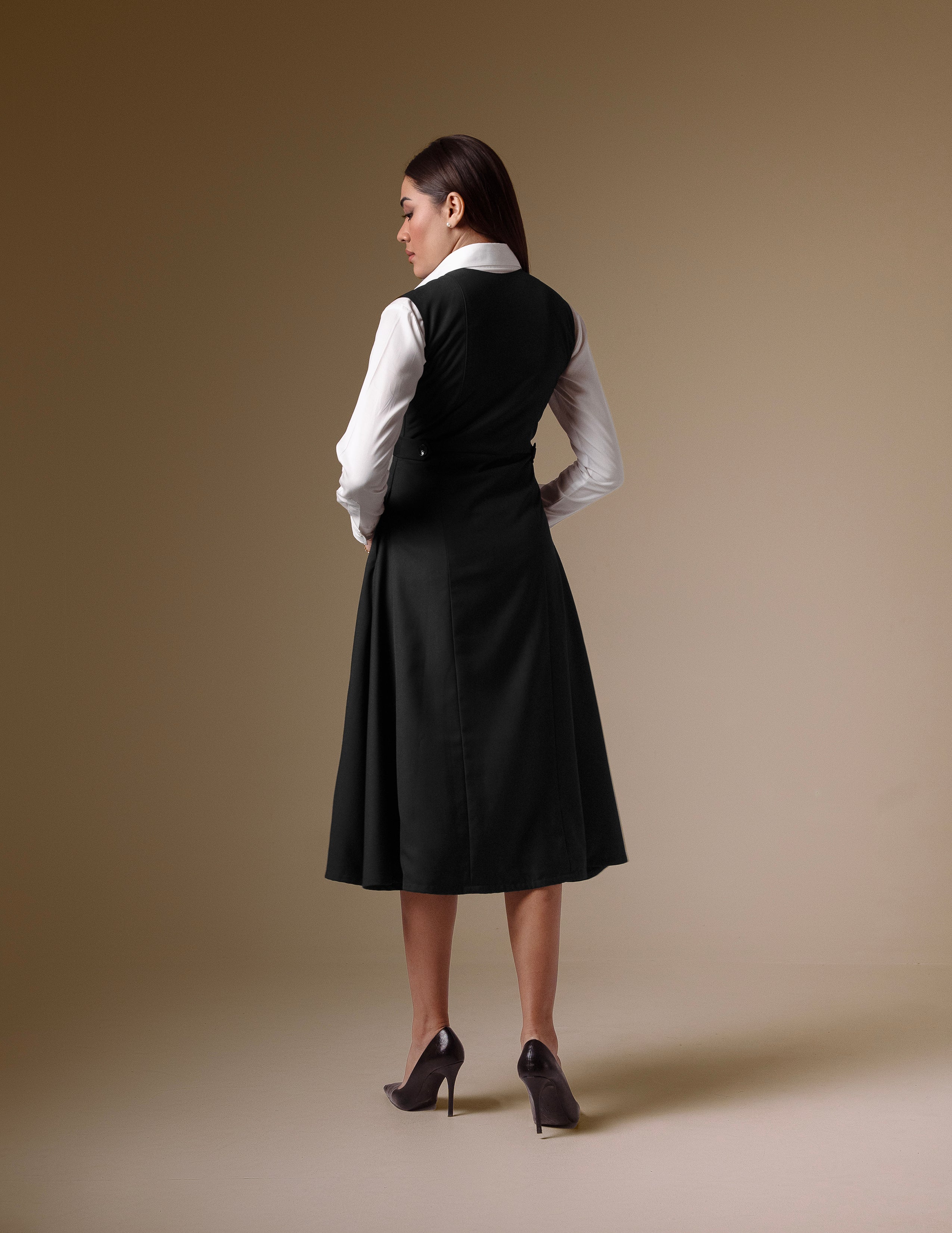 Black Double-Breasted Dress with White Classic Shirt