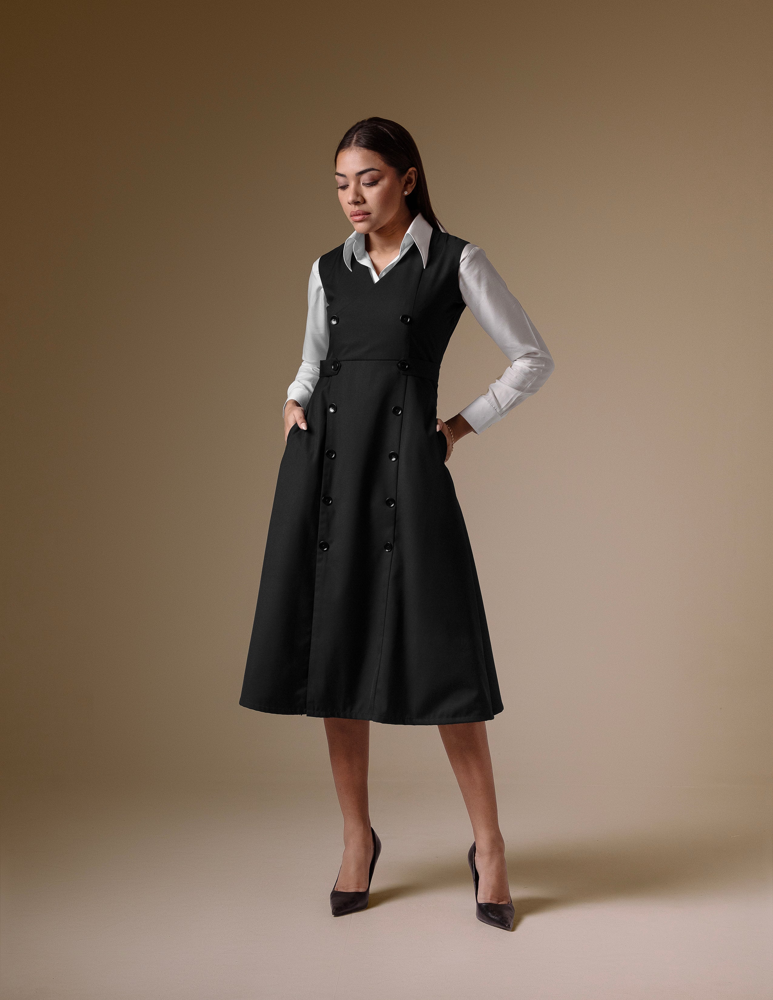 Black Double-Breasted Dress with White Classic Shirt