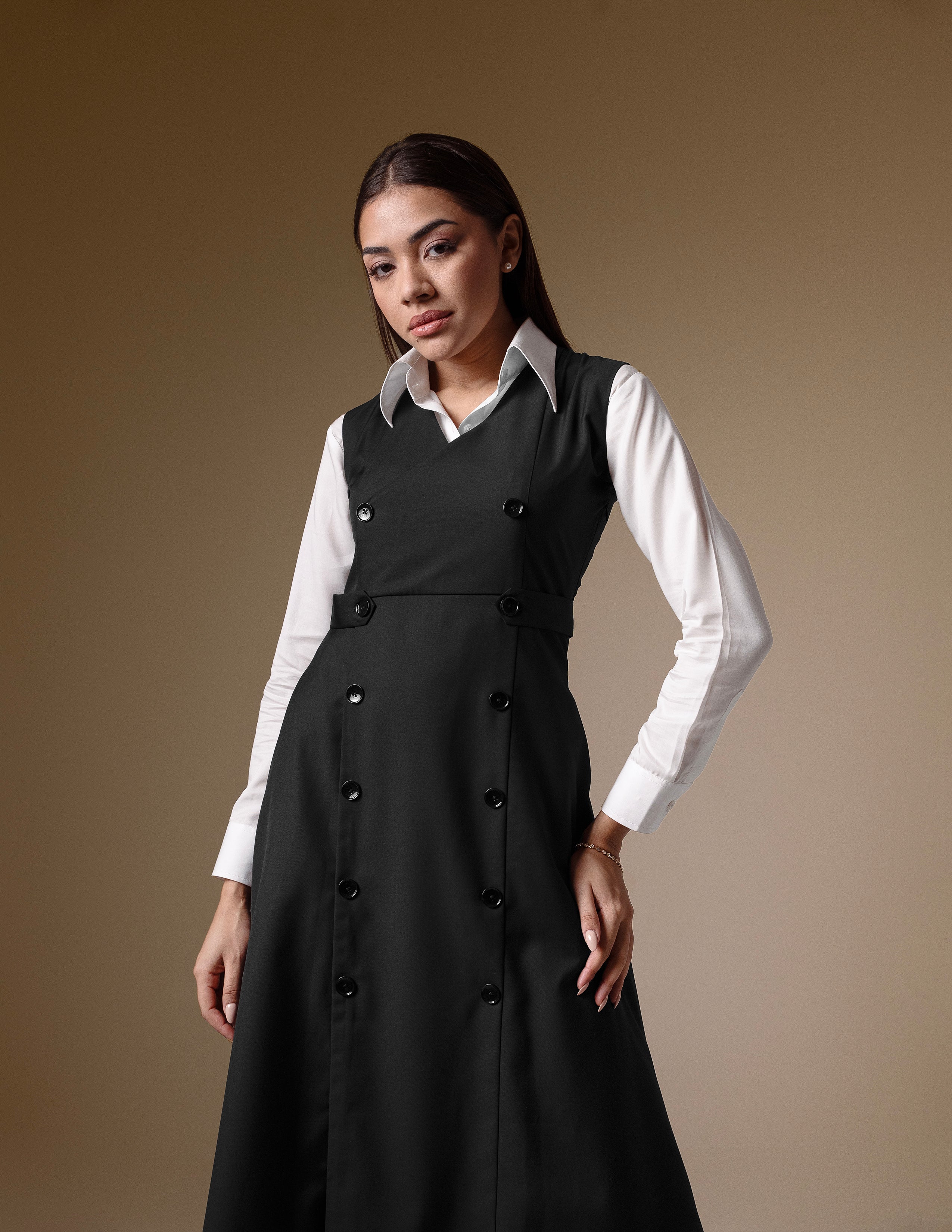 Black Double-Breasted Dress with White Classic Shirt